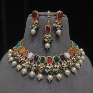 Ensemble de collier Polki de créateur plaqué or de mariée indienne avec boucles d'oreilles bijoux de mariée pour la célébration de mariage et de fête - Product Image 1