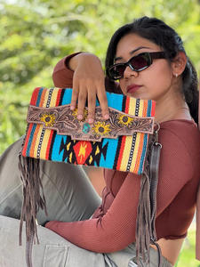 Nouveaux sacs à bandoulière à franges en cuir usiné de couleur aztèque occidentale à la mode véritables sacs à main Vintage à glands multicolores faits à la main - Product Image 3