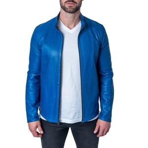 Veste en cuir d'agneau pour homme avec col bleu réglable et fausse fourrure douce en peau d'agneau bleue pour homme - Product Image 1