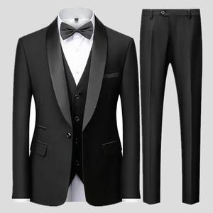 Costume trois pièces pour homme noir, taille grande, pour mariage d'automne, veste, pantalon et gilet, coupe ajustée tendance - Product Image 5