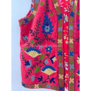 Handmade Women's Dark <b>Pink</b> Velvet Waistcoat Floral Embroidery Knitted Cotton Floral Embroidery Party Wear Jacket for Outer Wear - Product Image 2