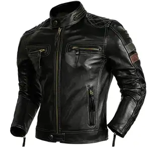Doğrudan fabrika hakiki deri Biker ceket siyah kahverengi sıkıntılı dana motosiklet DERİ CEKETLER özel Logo ile