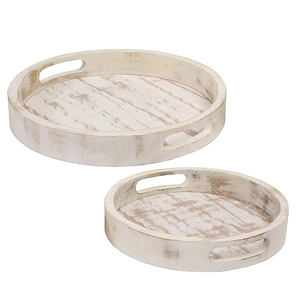 Juego de 2 bandejas decorativas y redondas de madera de mango de Color blanco desgastado hechas a mano de alta calidad para suministro de Hotel y restaurante - Product Image 1