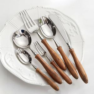 Juego de Cubiertos de Metal con mango de madera Natural Chapado en plata, juegos de cubiertos para boda, restaurante y Hotel, mesa para comer comida - Product Image 1