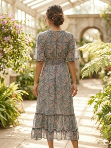 ฟรีไซส์ เสื้อผ้าสไตล์เกาหลี ลายเรขาคณิต ลายเพสลีย์ สไตล์ Y2K โบฮีเมียนธรรมชาติ ผ้าไหมทอแบบอินเดีย ทรงเอไลน์ ความยาวปานกลาง สวมใส่สบายๆ ทุกวัน หวานๆ สำหรับฤดูร้อน คอวี ทรงบาน - Product Image 4