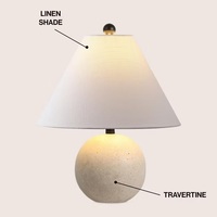 Lámpara de mesa redonda de piedra travertino de lujo con pantalla de tela de lino premium, iluminación ambiental cálida para decoración moderna y elegante