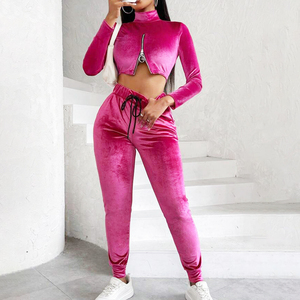 Survêtements en velours pour femmes ensembles décontractés deux pièces haut court à manches longues pantalons longs ensembles 2 pièces tenues pour femmes survêtement en velours - Product Image 5