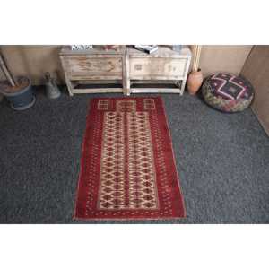 พรมตุรกีขนาดเล็ก 3.2x5.4 ฟุต พรมวินเทจ พรมลายเรขาคณิตสีแดง - Product Image 1