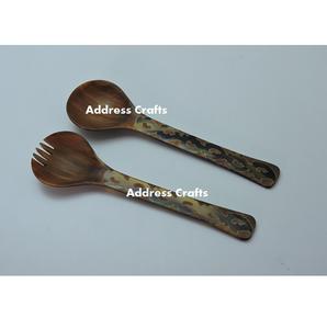 Ensemble de serveurs à salade en corne de buffle naturelle fabriqués à la main ensembles de cuillères et fourchettes outils de service de cuisine et de restaurant d'hôtel ensembles de couverts - Product Image 1