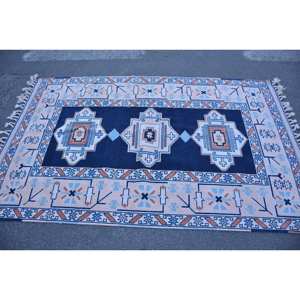 Classique Bleu Beige Patchwork Laine Tapis 4.1x 6.6ft Vintage Turc Design pour Salon Décorations Latex Soutenu 9x12 - Product Image 3