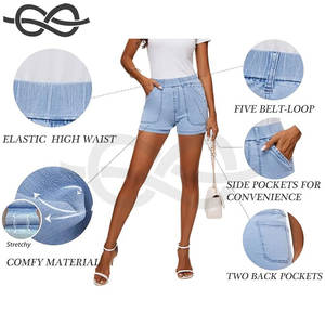 Pantalones cortos de mezclilla de cintura alta para mujer Pantalones cortos casuales de mezclilla elásticos de algodón de verano con bolsillos para comodidad y estilo - Product Image 4