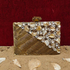 Luxury Handmade <b>Gold</b> Metal <b>Clutch</b> Bag with Mother of Pearl Chips and Crystal Inlay Designer Evening Party Wedding Handbag - Product Image 1