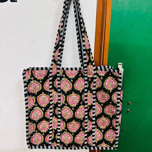 Indian Block Printed Cotton <b>Quilted</b> Women's Tote Bag Bohemian Vintage Handmade Washable Daily Use Shoulder Bag Grocery Tote Bag - Product Image 1