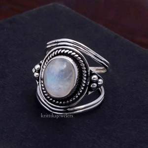 Anillo de bodas de plata de ley 925 hecho a mano, piedra lunar de Fuego Azul Natural, piedra preciosa, ajuste de bisel de corte ovalado Unisex para ropa de fiesta - Product Image 2