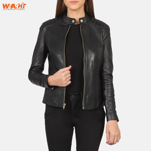 Veste en cuir de vachette véritable pour femmes élégantes Noir Slim Fit Moto Design Zip Respirant WearHit Casual Outerwear Coat Solid - Product Image 5