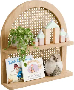 Estante para colgar en la pared de ratán y madera natural hecho a mano más vendido para niños, decoración de dormitorio hecha en fábrica al por mayor