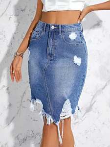 Novedades Falda rasgada de mezclilla recta de verano para mujer personalizada Logo Cremallera Botón Bolsillos Patrón sólido Estilo Y2K para primavera - Product Image 5