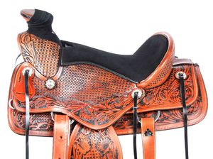 Selle Western bicolore de haute qualité en cuir véritable avec siège chaud dit à la main sculpture sangle en cuir brut - Product Image 2