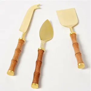 Bamboo Design Natural Color Wooden Handle Gold Plating Food Safe Stainless Steel Cheese Cutting Tools Set