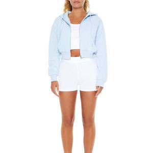 High Quality Cotton <b>Fleece</b> Puff Print <b>Women</b> Crop <b>Top</b> Hoodie Set Custom Cropped Zip Up Hoodie & Sweatpants Set OEM Wholesale - Product Image 4