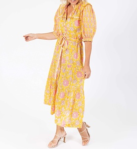 Exclusivo y Encantador Vestido Amarillo con Mangas Abullonadas, Puños Elásticos y Cintura Ajustada con Lazo - Product Image 5