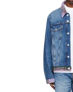 Veste en jean bleue pour homme avec col à carreaux violets, boutons sur le devant, lavage vintage, style décontracté, streetwear, vêtements d'extérieur - Product Image 3