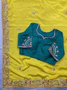 Sari en soie pure de designer indien pour tenue de mariée avec bordure brodée et blouse, soie douce pour tenue de soirée, sari en soie - Product Image 6