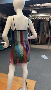 Custom Size Eco-Friendly Washable Midi Evening <b>Dress</b> with Full Beaded Handwork <b>Halter</b> Neckline and Colorful Fringes for Parties - Product Image 2