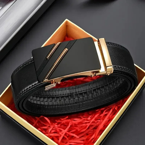 Genuine Leather Formal <b>Belt</b> Cow Hide Solid Black Geometric Box Frame Buckle Alloy Men's Dress <b>Belt</b> - Product Image 5