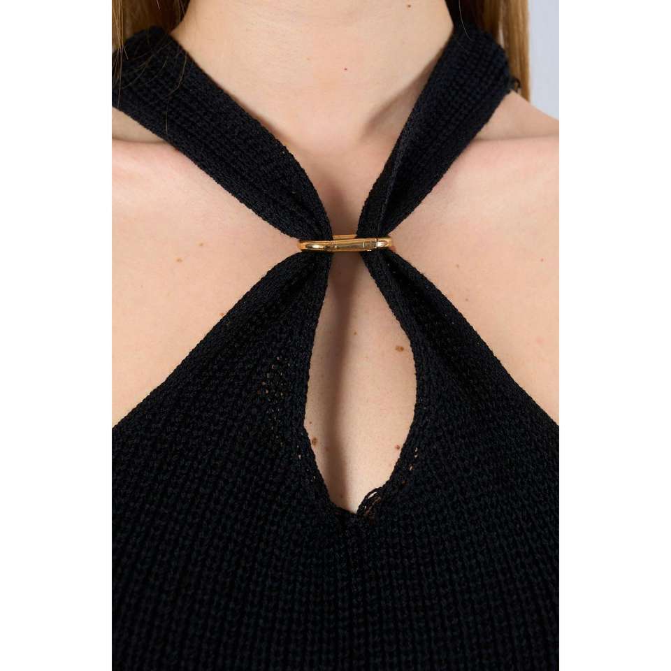 Women's Black Neck Accessory Detailed Textured Blouse