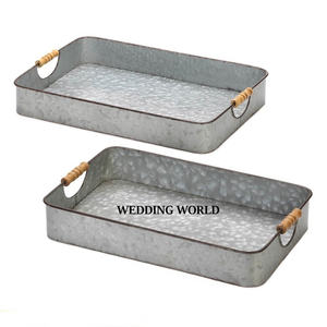 Ensemble de deux plateaux de service galvanisés vintage en forme de rectangle, fait à la main, plateau de service en métal de luxe de designer le plus vendu - Product Image 1