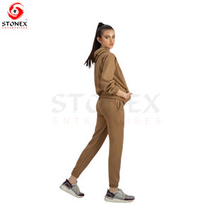 ชุดสองชิ้นสีพื้นของผู้หญิงกางเกงวอร์มขาบานจ็อกเกอร์มีฮู้ดตัวจ็อกเกอร์สีซีดจางสำหรับใส่ไปยิมใช้ในฤดูหนาว - Product Image 5