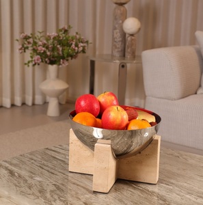 Moderna Cuenco Decorativa de Piedra Travertino con Base de Pedestal de Madera Sólida para Decoración de Mesa de Centro de Lujo, Acento para Interiores del Hogar - Product Image 6