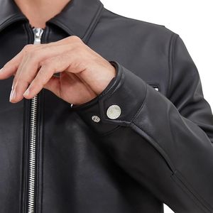Veste en cuir pour hommes, veste en cuir d'agneau avec fermeture éclair complète sur le devant, poignets à pression en métal de style décontracté - Product Image 1
