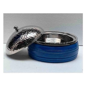 High Quality Metal Serving Dish and Casserole <b>with</b> Blue Body Hammered Silver Polished <b>Lid</b> Excellent Food Warmer <b>Pot</b> - Product Image 1