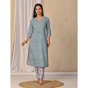 ชุดคุรตะผ้าฝ้ายพิมพ์ลายบล็อกสีเทอร์ควอยซ์ แขนสามส่วน สำหรับใส่ในชีวิตประจำวัน - Product Image 3