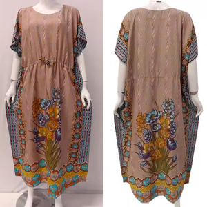 Casual Simple Floor-Length Floral Sweet Oversized Kaftan Short Sleeve <b>Dress</b> Drawstring Elastic Waist High Premium Rayon - Product Image 6