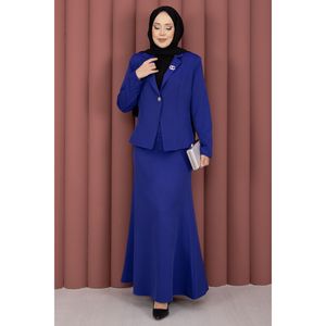 Conjunto de Dos Piezas para Mujer, Blazer y Falda Azul Marino, Estilo Casual y de Negocios, con Decoración de Botones, Corte Regular, Largo Completo - Product Image 3