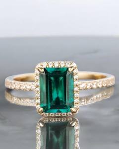 Bague en émeraude de culture, argent sterling 925, pierre d'accentuation blanche AD, bijoux pour femmes, bague en émeraude en argent sterling 925, pierre précieuse en argent - Product Image 1