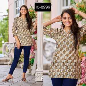 Top estampado de algodón listo para usar de estilo moderno indio para uso regular y ropa de oficina Kurtis cortos de lujo para mujeres usan top de lujo - Product Image 6