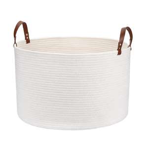 Woven Cotton Rope Storage <b>Basket</b> with Leather Handles Cream White Blanket <b>Laundry</b> Toy Organizer Hamper - Product Image 1