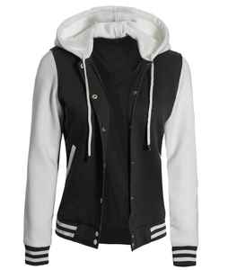 Women's Black White Baseball Varsity Jackets Hooded Neck <b>Button</b> Closure Casual Outer Streetwear with Cotton Filling for Winter - Product Image 5