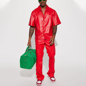 NEW 2024 style Black Summer Custom Logo Men Blank Faux PU Leather <b>Short</b> <b>Sleeve</b> <b>Button</b> <b>Up</b> Shirts - Product Image 5