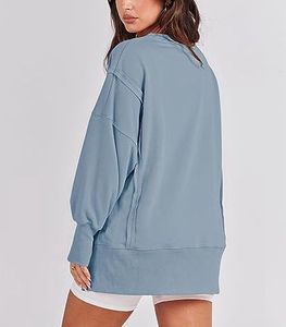 Sweat-shirt décontracté ample en coton biologique à col rond surdimensionné pour femmes, personnalisable en gros - Product Image 4