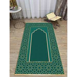 พรมอิสลามสีเขียวทอง: พรมบางพิมพ์ลายทางศาสนาพรมบางแบบไม่ทอ - Product Image 3