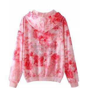 Trending Pink Color Street Wear Drop Shoulder Length Tie Dye Hoodie Mujer Manga larga con bolsillo de canguro Sudaderas con capucha para mujer - Product Image 2