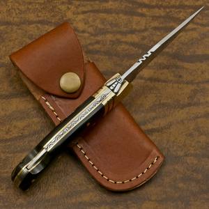 Couteau pliant utilitaire en acier inoxydable avec verrouillage arrière, manche en corne de taureau, étui en cuir, pour la chasse, le camping, qualité industrielle, ODM - Product Image 2