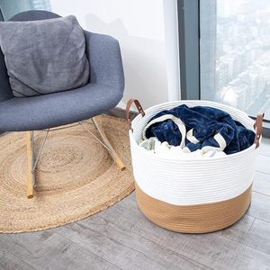 Panier de rangement en coton tissé avec poignées en cuir Design Tan blanc pour décor intérieur extérieur organisateur de vente chaude - Product Image 4