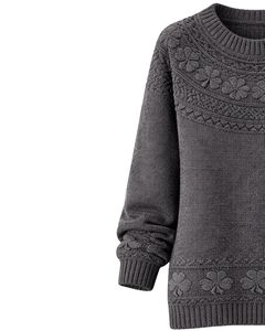 Customized Charcoal Grey Jacquard Knit Sweater Floral Textured Crew Neck Long Sleeve Winter Pullover For Women Custom Wholesale - Product Image 2