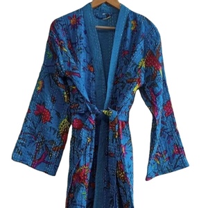 Cosido a mano indio Vintage Kantha acolchado pájaro estampado largo Kimono Albornoz ropa de dormir vestido de lujo bata de baño vestidos de Spa - Product Image 1